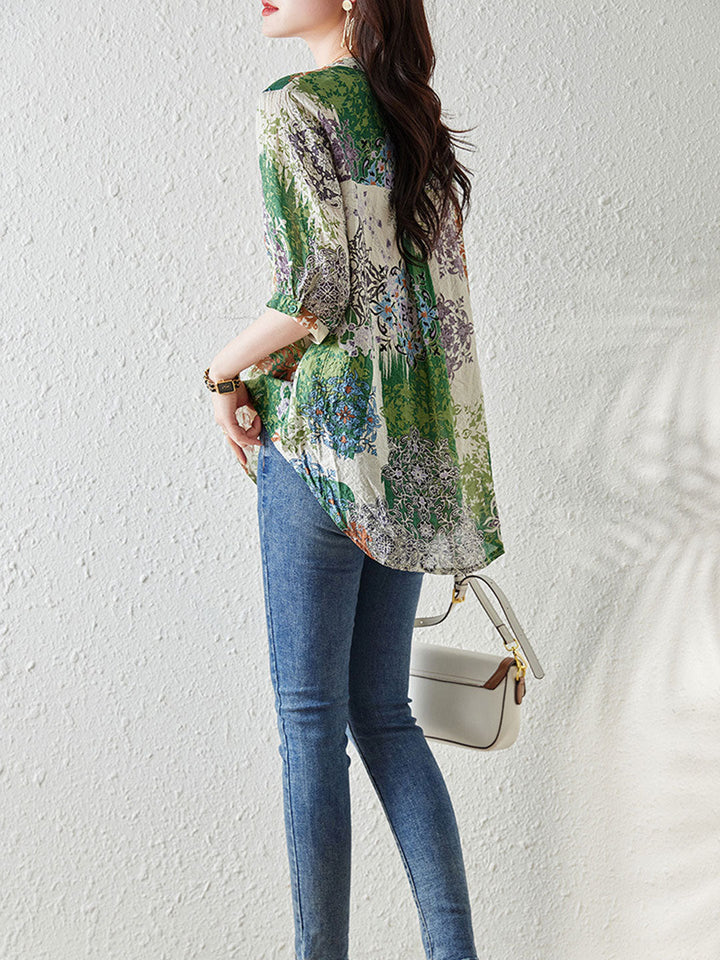 Natalie V-Neck Loose Beaded Printed Blouse