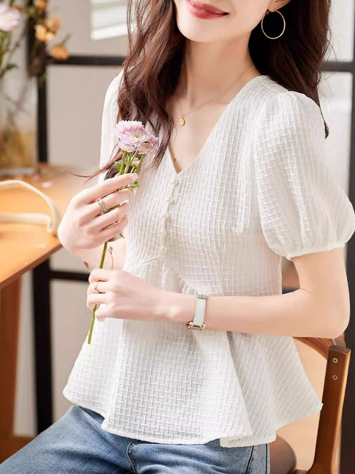 Olivia Elegant V-Neck Pleated Chiffon Top