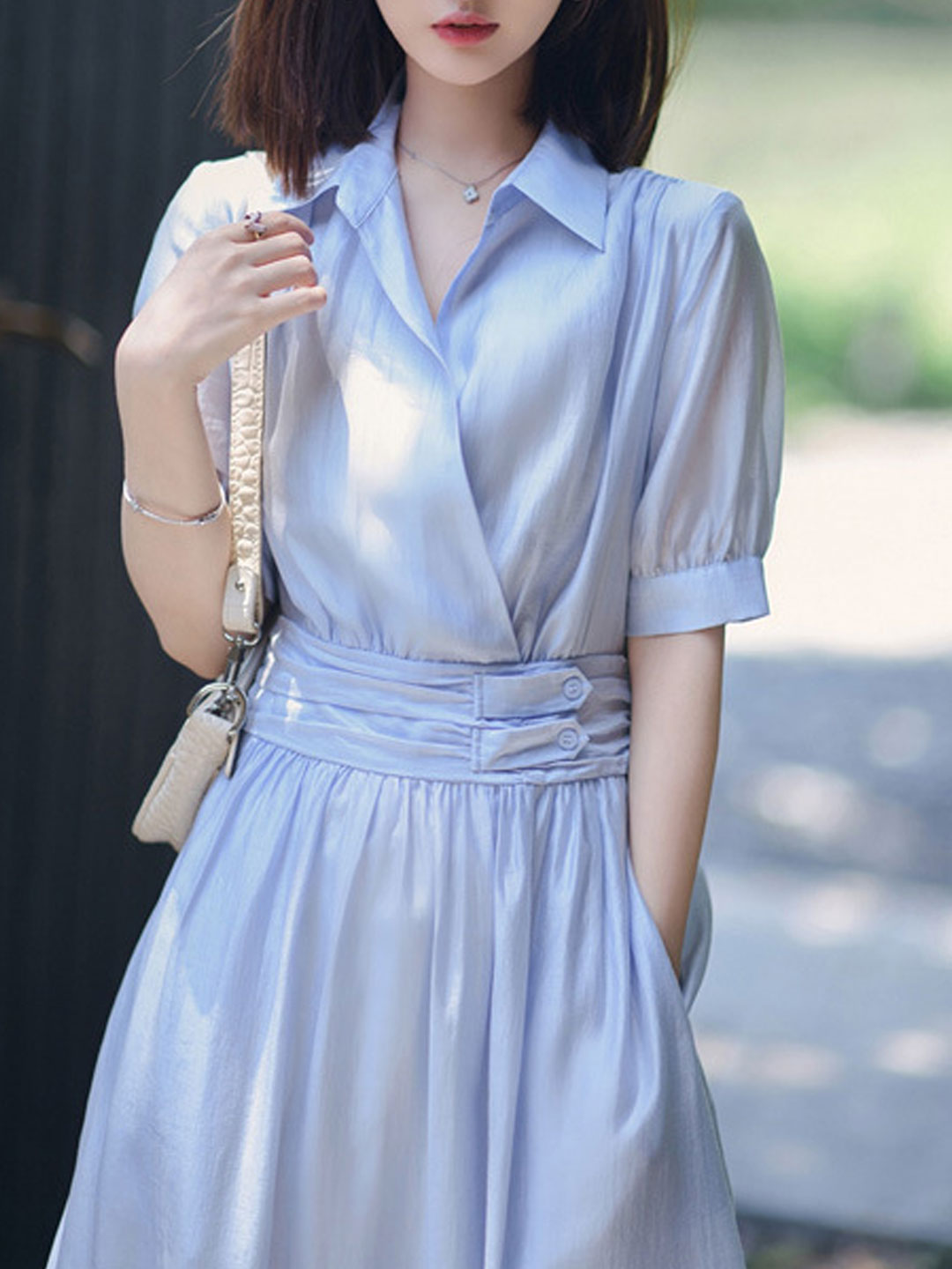 Anna Retro Puff Sleeve Lapel Dress-White