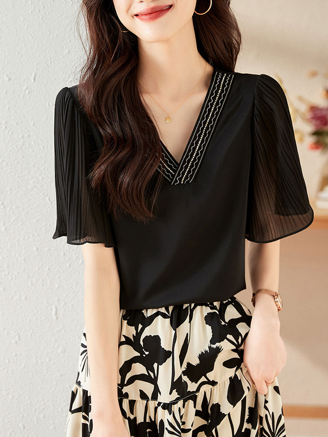 Layla Elegant V-Neck Flare Sleeve Chiffon Top