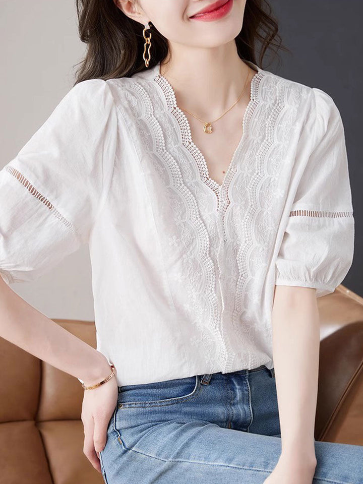 Olivia Retro V-Neck Lace Embroidered Top