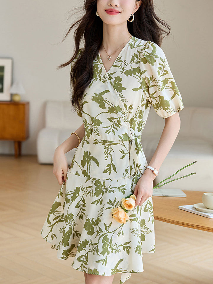 Chloe V-Neck Lantern Sleeve Floral Printed Dress