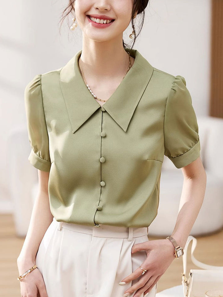 Morgan Casual Lapel Puff Sleeve Satin Shirt