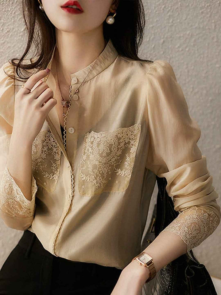 Jocelyn Retro Crew Neck Lace Embroidered Chiffon Shirt