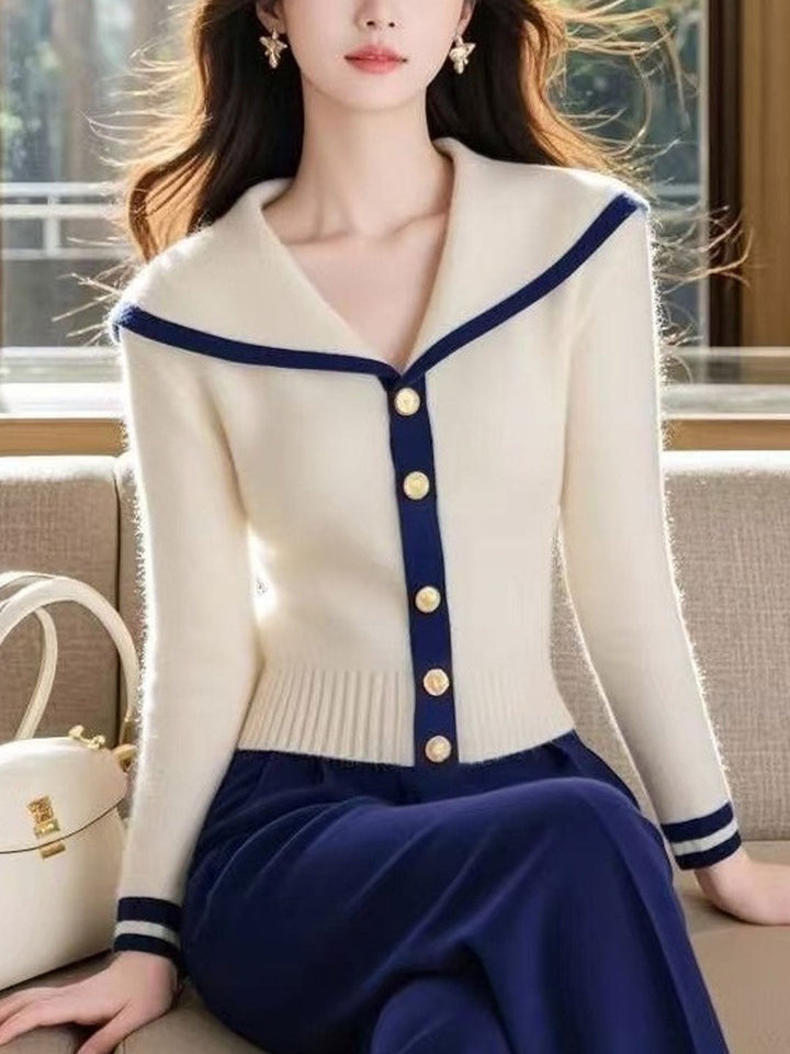 Madelyn Retro Colorblock Lapel Knitted Pullover Top