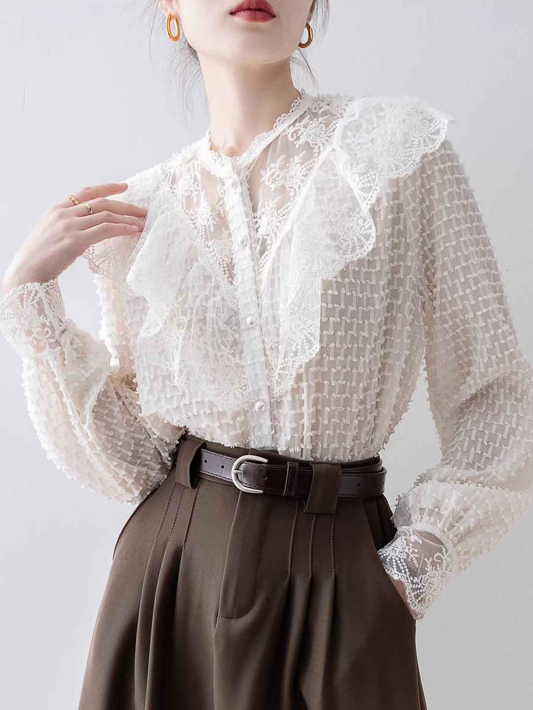 Olivia Vintage Crew Neck Lace Ruffle Mesh Shirt