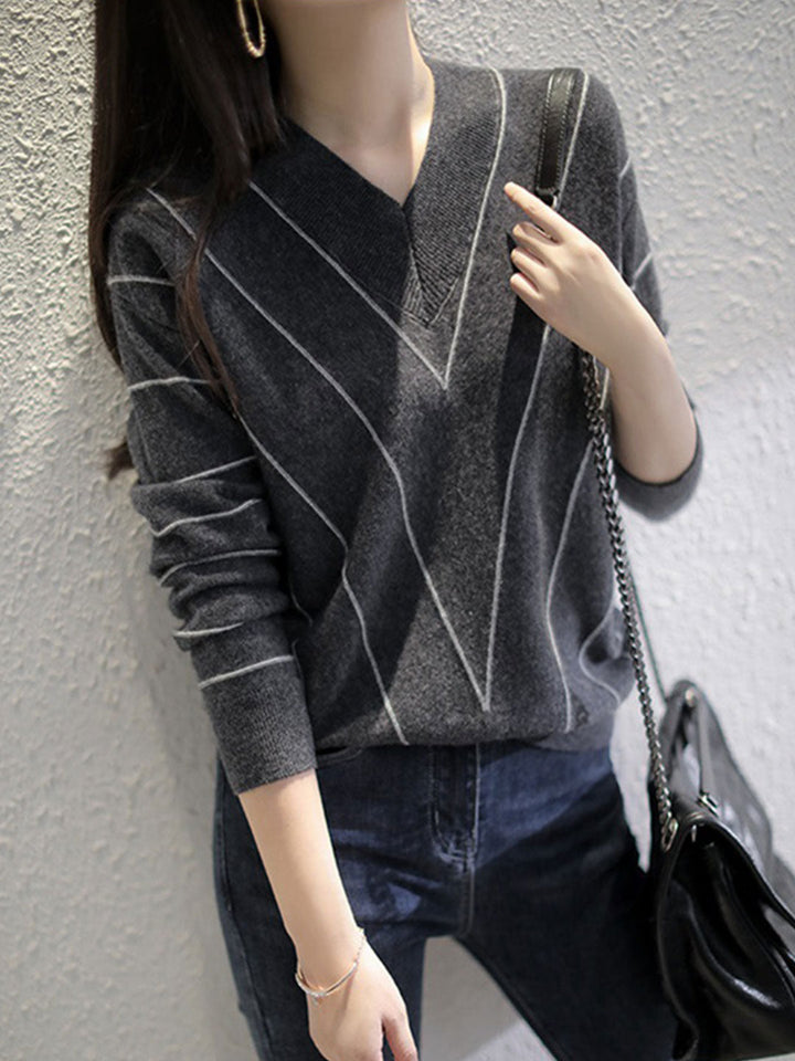 Ava Elegant V-Neck Loose Pullover Knitted Sweater-Gray