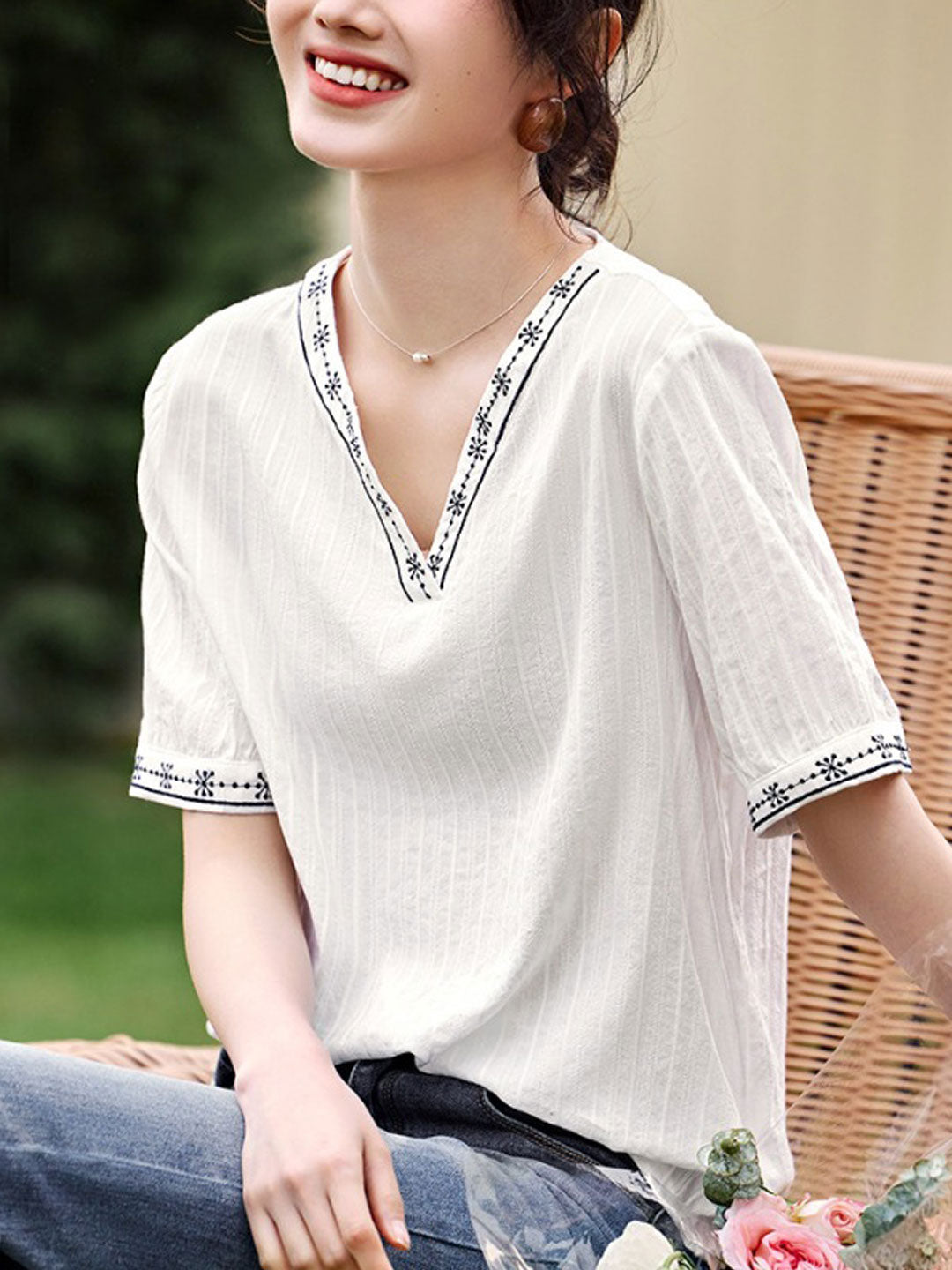 Kayla Vintage V-Neck Embroidered Top