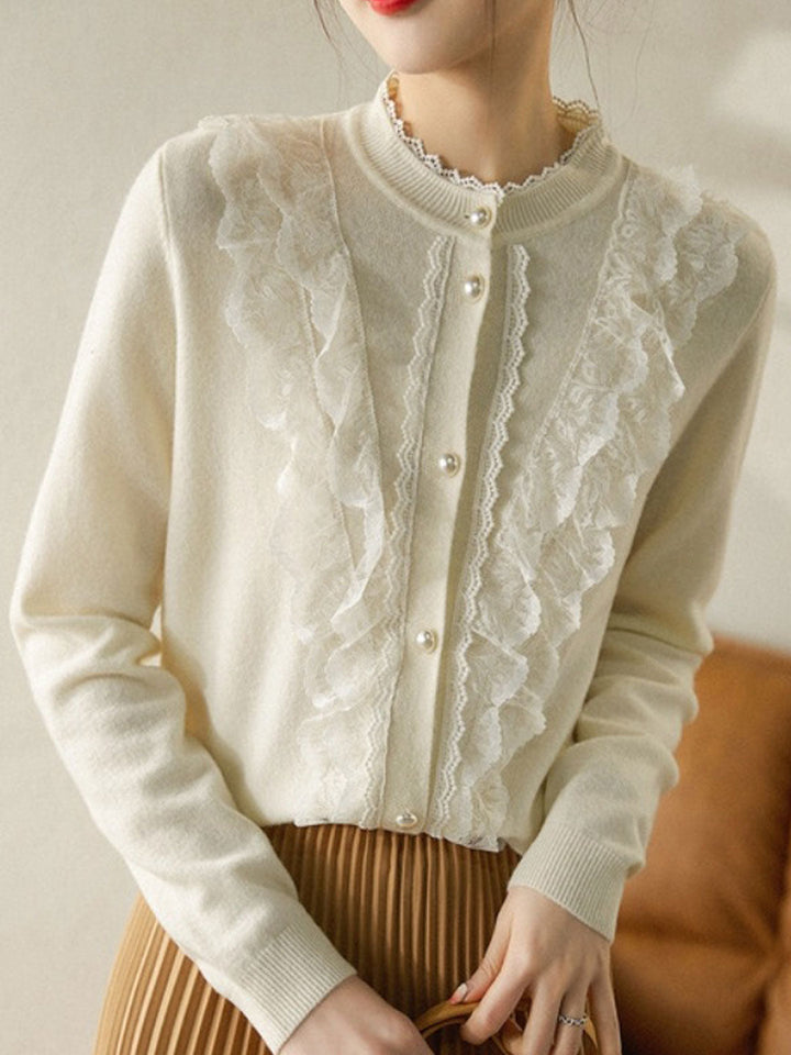 Sarah Elegant Crew Neck Lace Crochet Knitted Cardigan