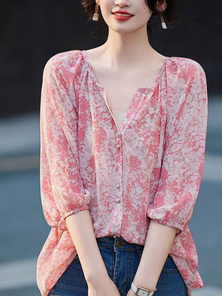 Ava Loose V-Neck Puff Sleeve Printed Chiffon Top