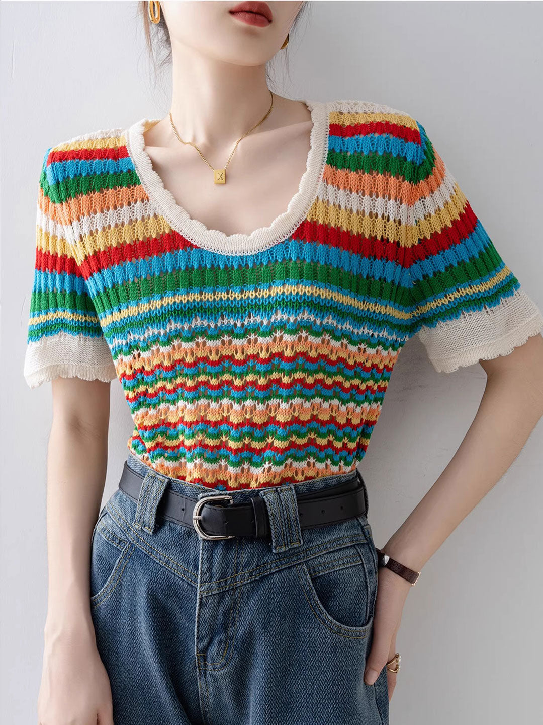 Nevaeh Classic Rainbow Striped Hollowed Knitted Top