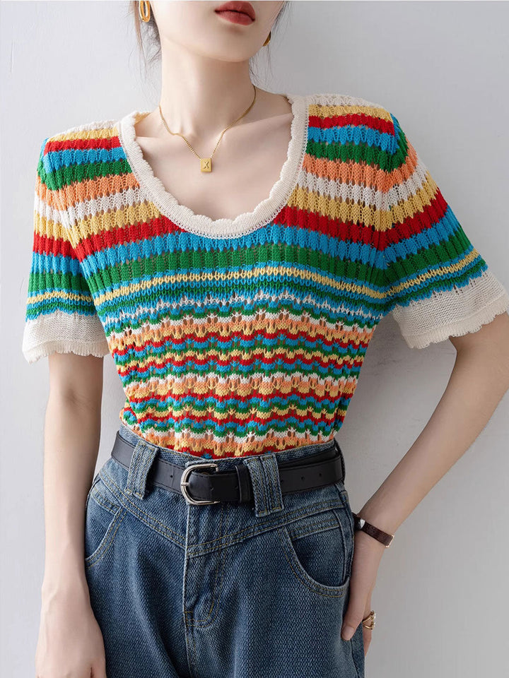 Nevaeh Classic Rainbow Striped Hollowed Knitted Top