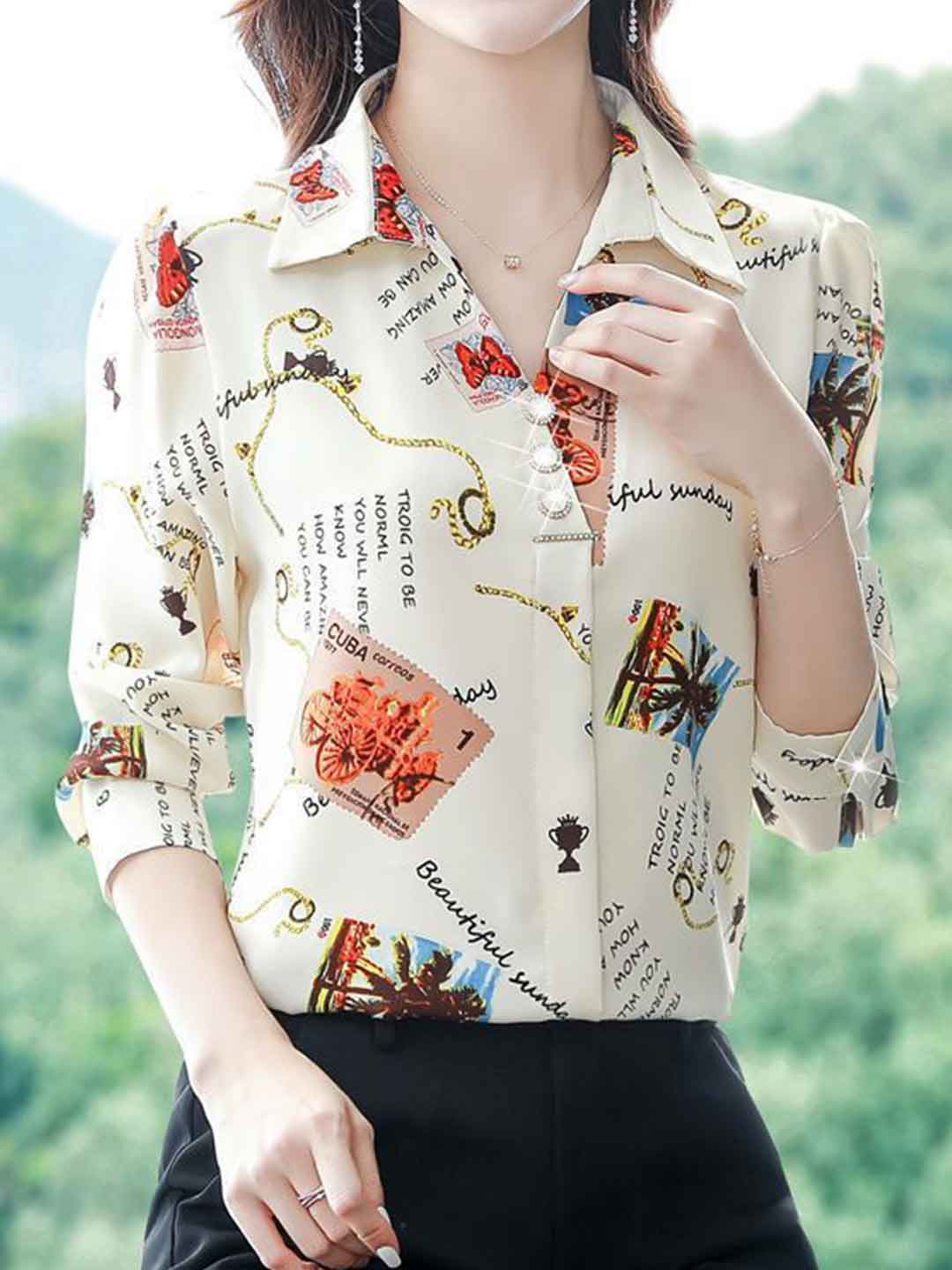 Zoey Loose Polo Neck Printed Chiffon Shirt