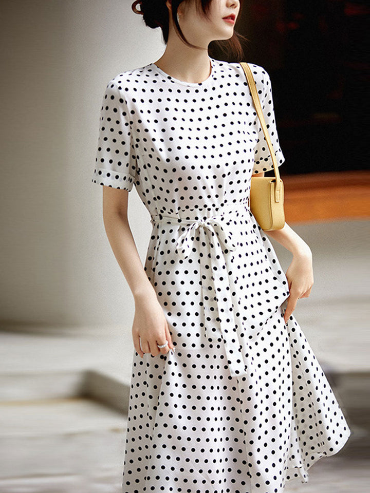 Chloe Elegant Crew Neck Tie Polka Dot Chiffon Dress