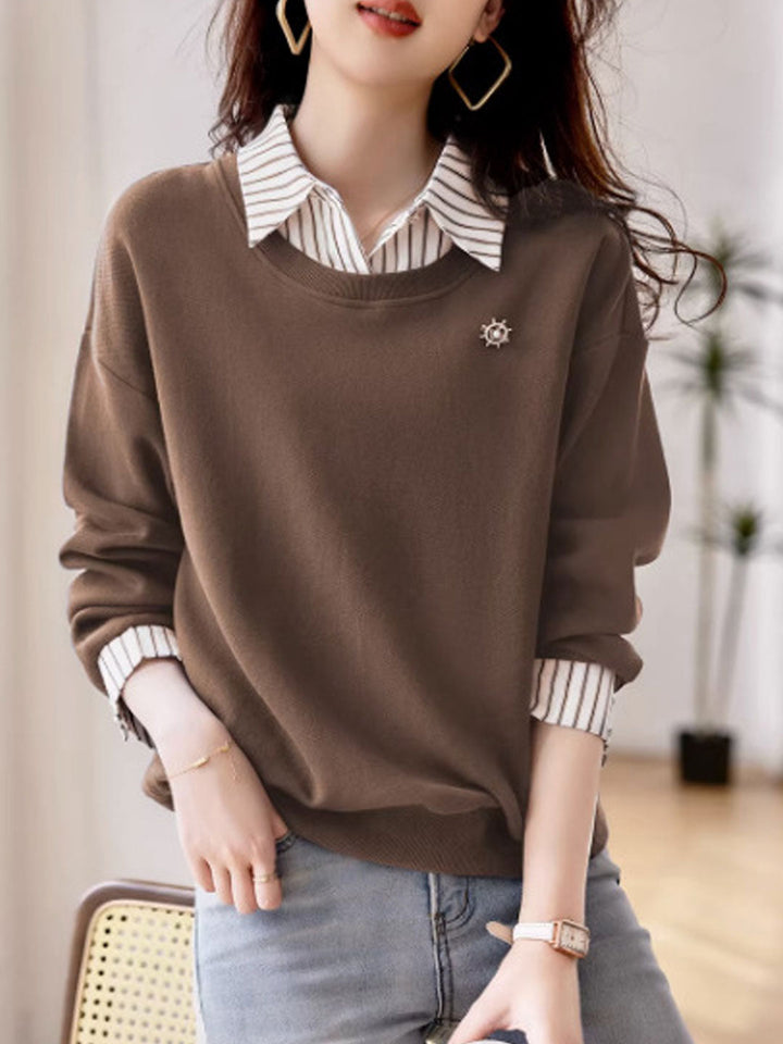 Isabella Casual Patchwork Striped Sweatshirt-Coffee