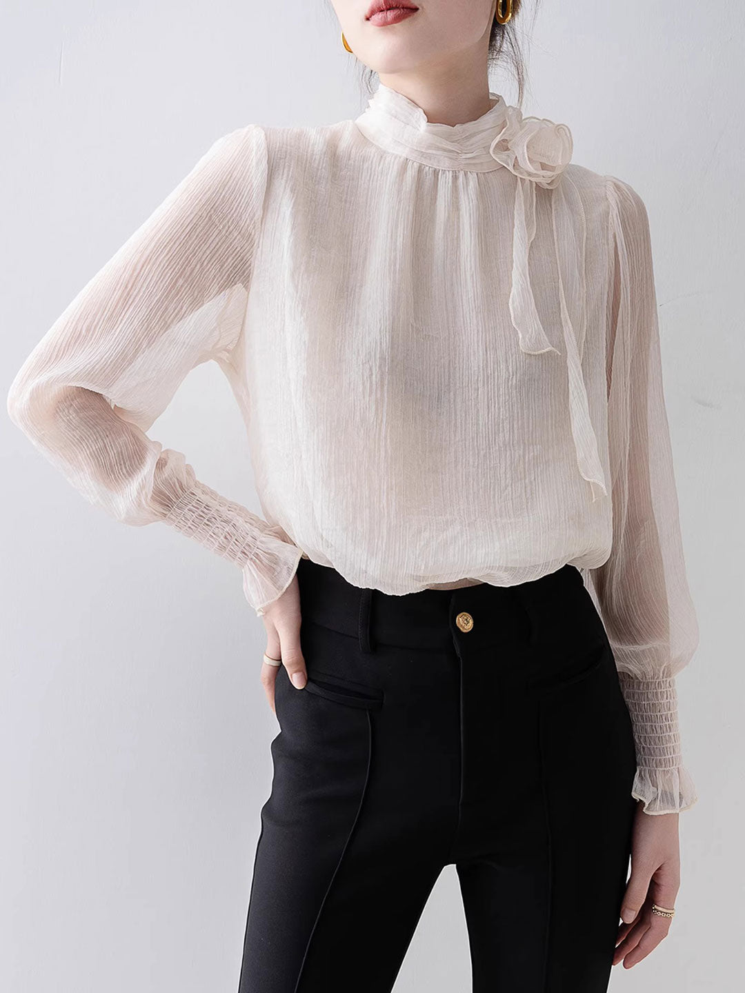 Ava Elegant Half Turtleneck Floral Chiffon Top