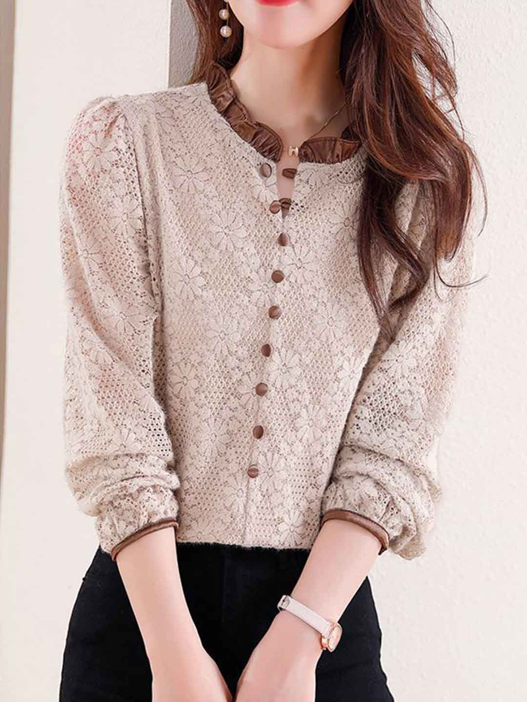 Kaitlyn Elegant Crew Neck Lace Blouse