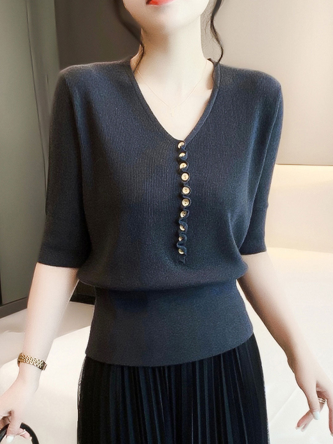 Kayla Loose V-Neck Button Knitted Top