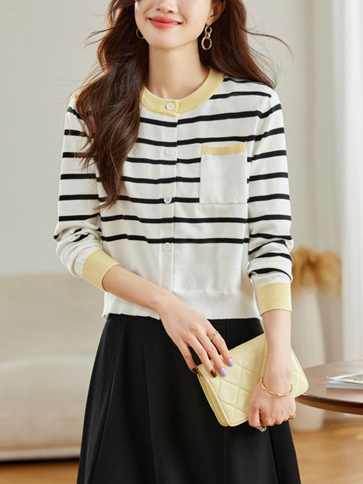 Mya Retro Crew Neck Striped Knitted Cardigan