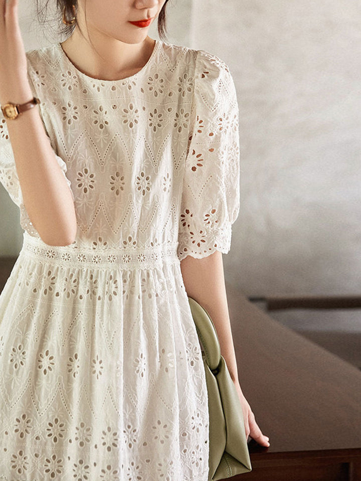 Olivia Elegant Puff Sleeve Hook Pattern Hollowed Dress