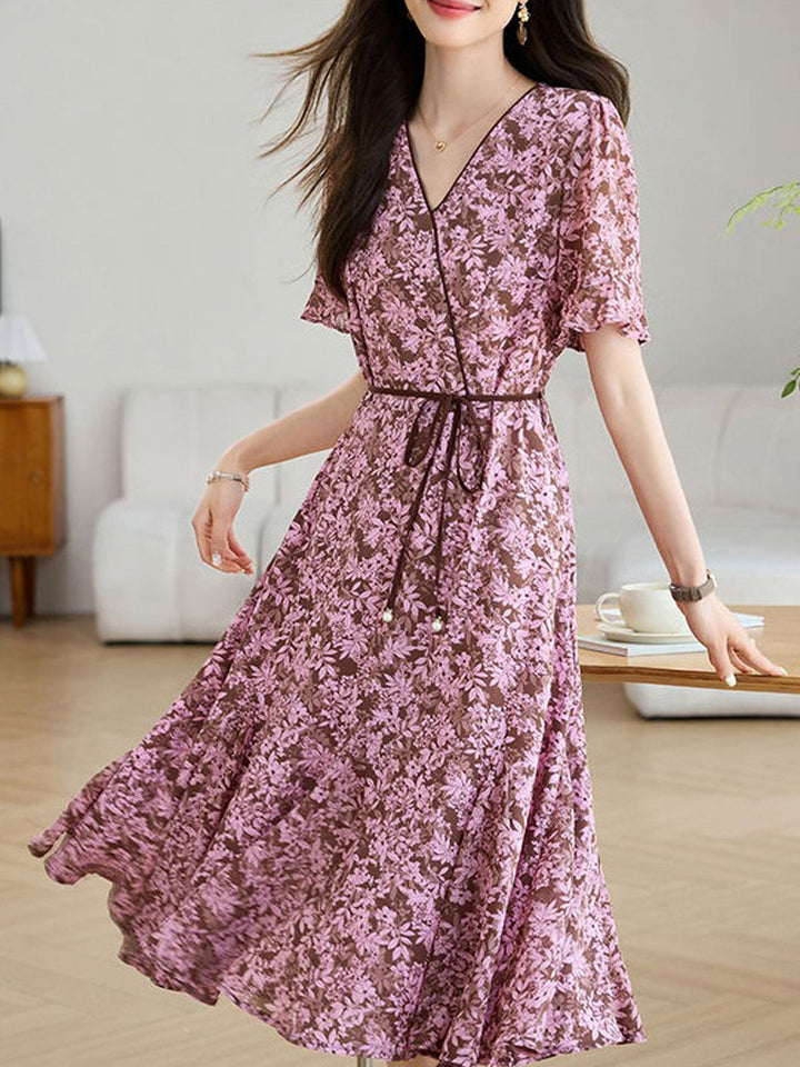 Natalie Classic V-Neck Floral Printed Chiffon Dress