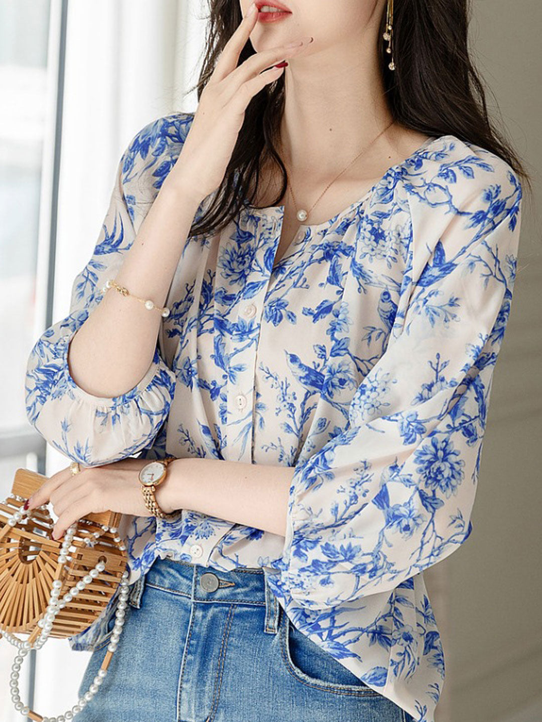 Jessica Elegant Crew Neck Puff Sleeve Printed Chiffon Top