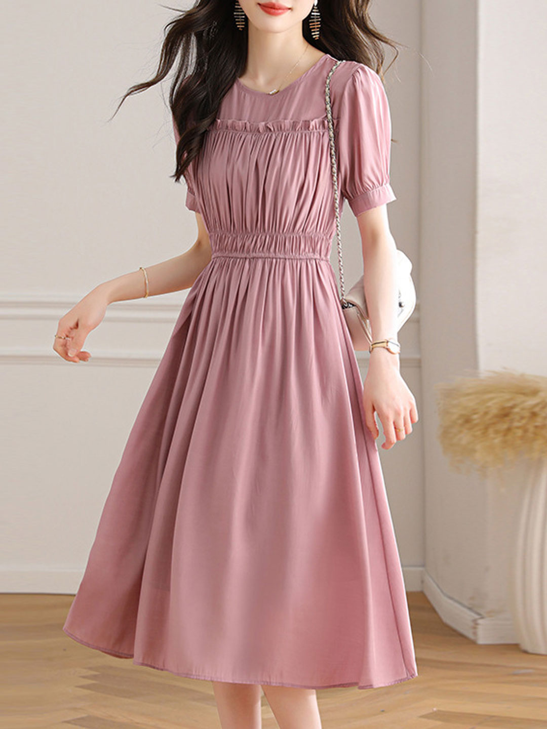 Sarah Elegant Puff Sleeve Pleated Dress