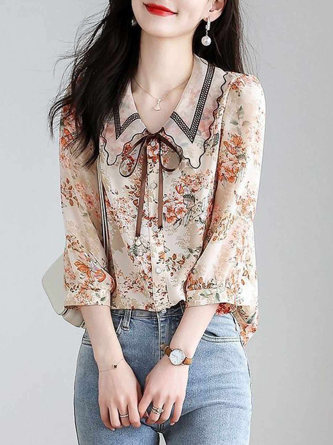 Rachel Classic Printed Floral Chiffon Shirt-Red