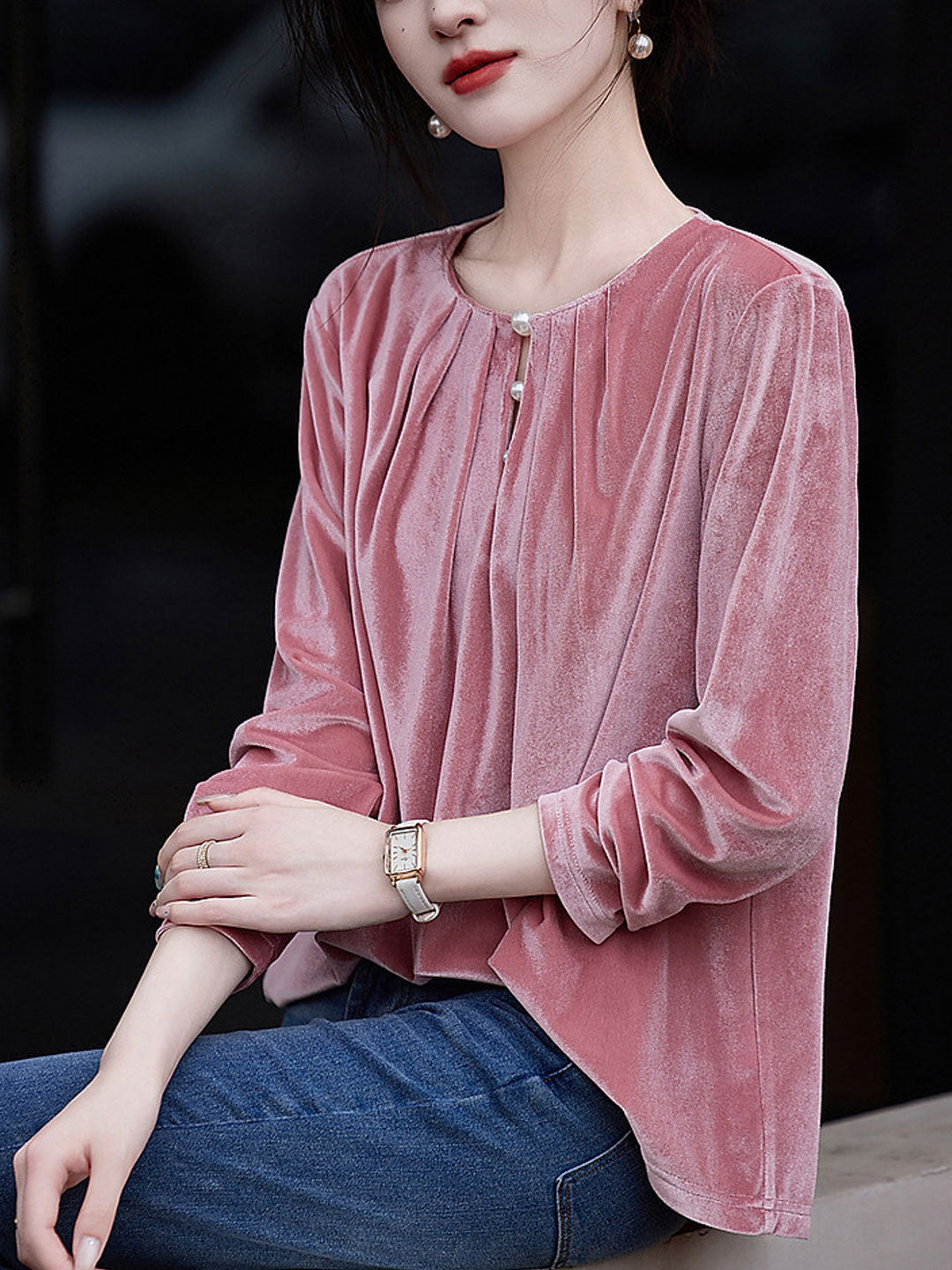 Madison Casual Crew Neck Puff Sleeve Pearl Top