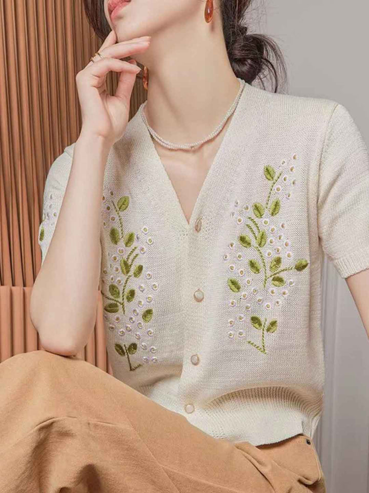 Kayla Classic V-Neck Embroidered Knitted Cardigan