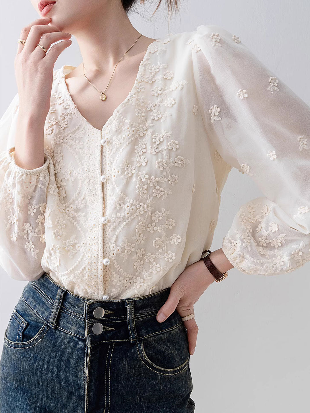 Taylor Retro V-Neck Lace Chiffon Blouse