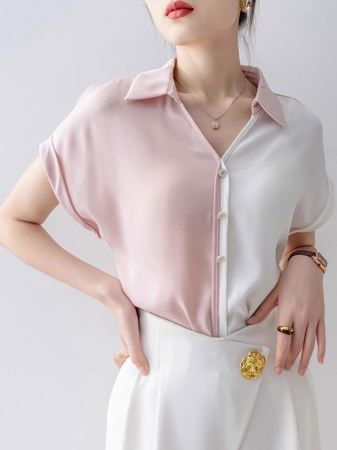 Caroline Loose Solid Color Satin Chiffon Shirt