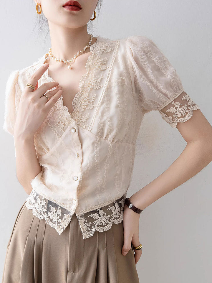 Anna Retro V-Neck Flare Sleeve Hollowed Lace Top