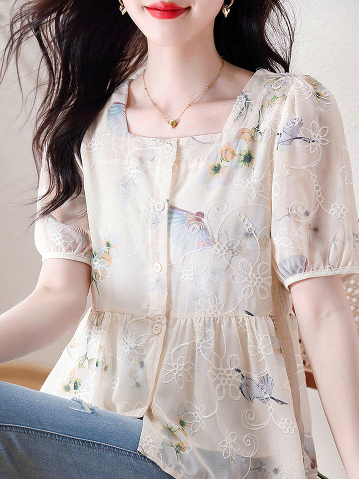 Kaitlyn Loose Puff Sleeve Printed Chiffon Blouse