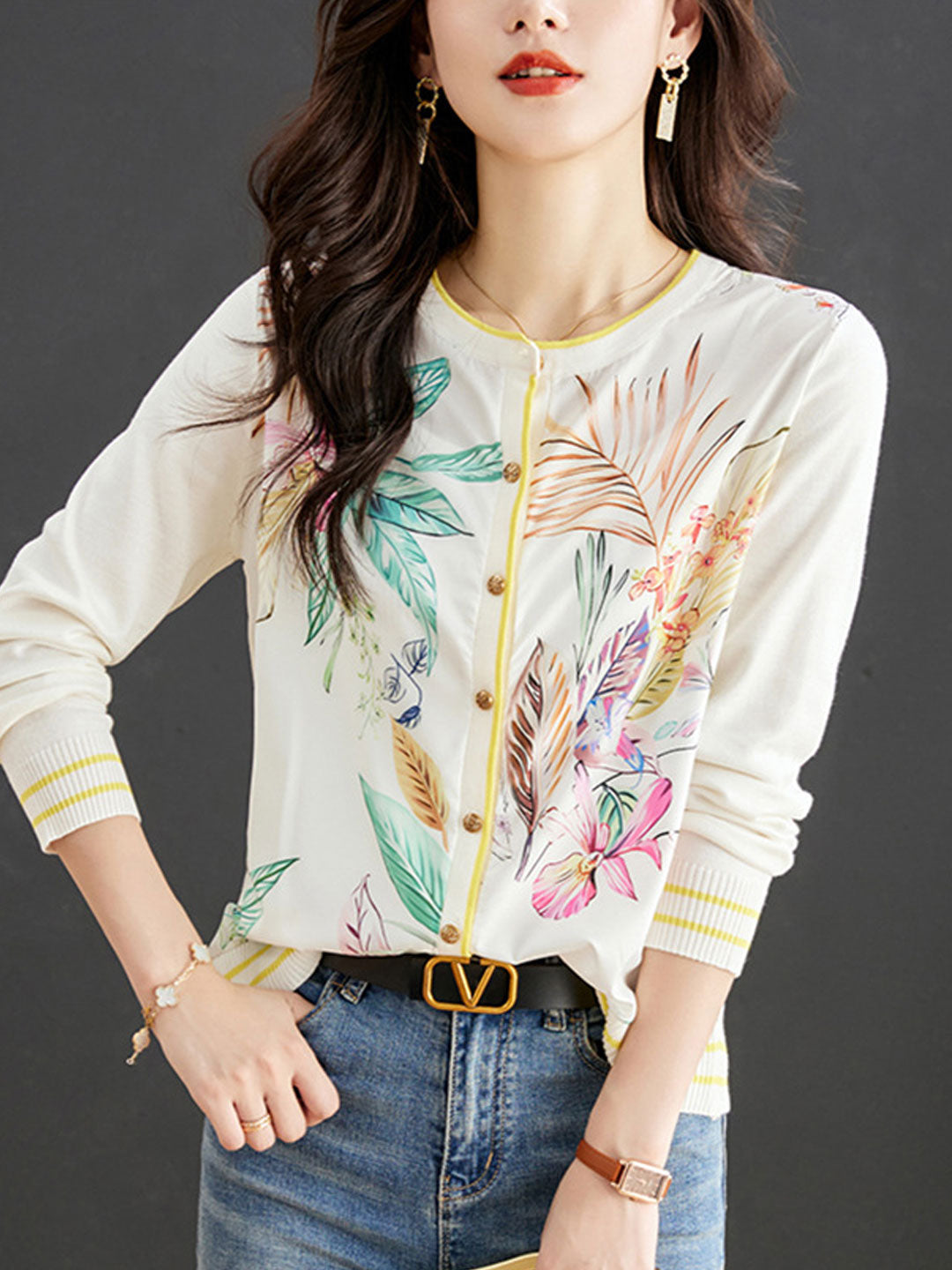 Sophia Loose Crew Neck Printed Knitted Cardigan