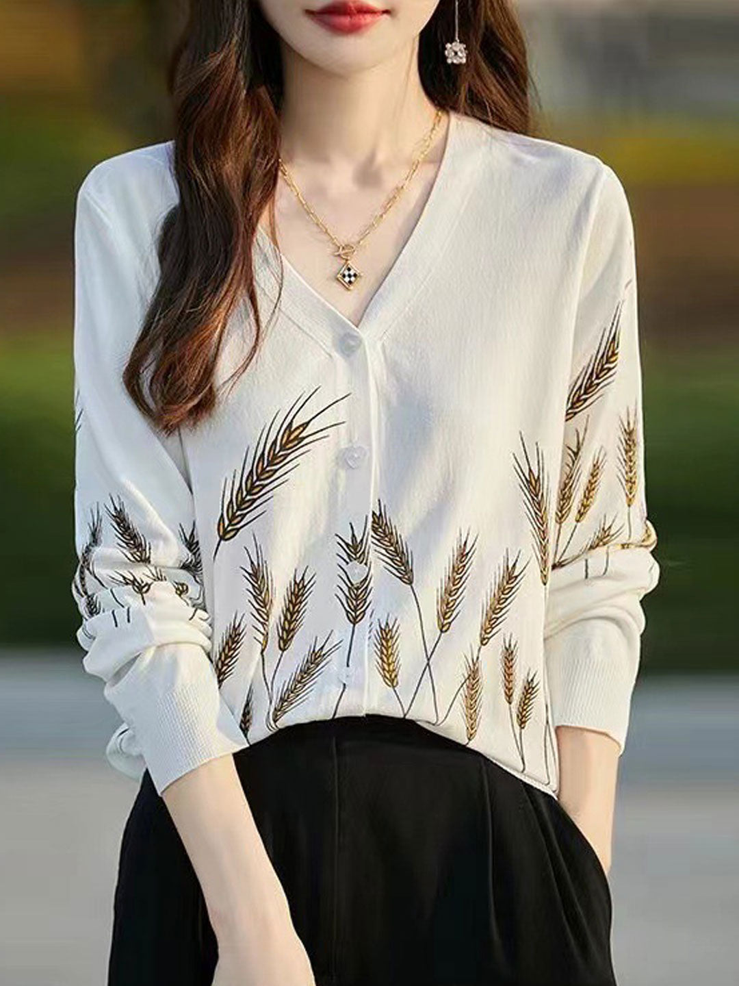 Zoe Classic V-neck Printed Knitted Cardigan