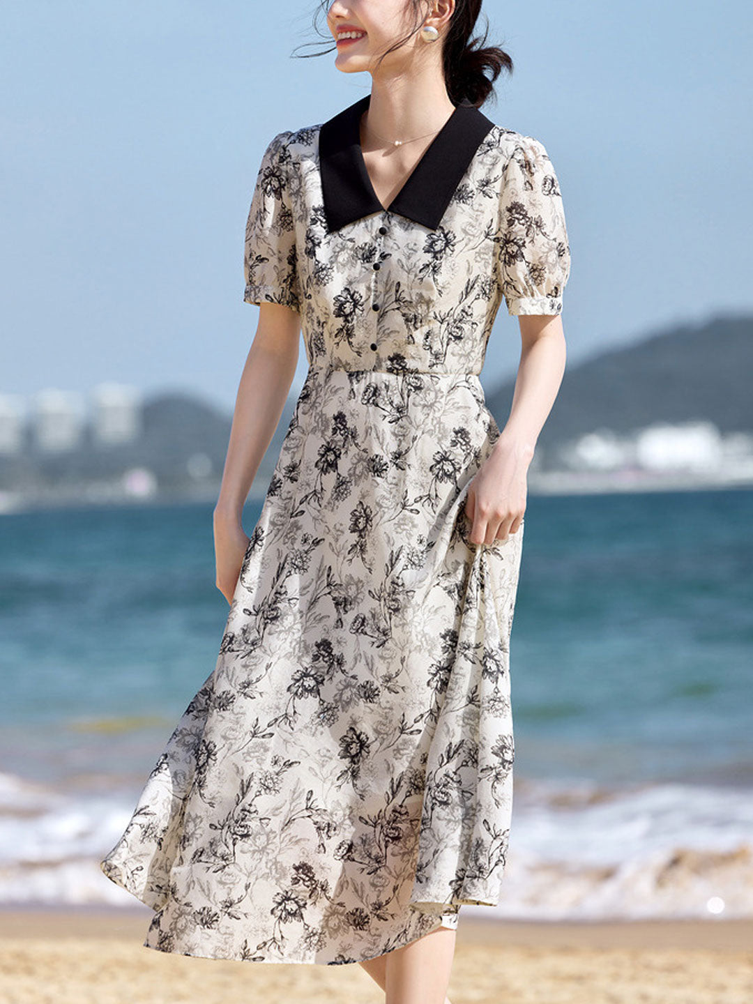 Brooke Elegant Lapel Floral Printed Chiffon Dress