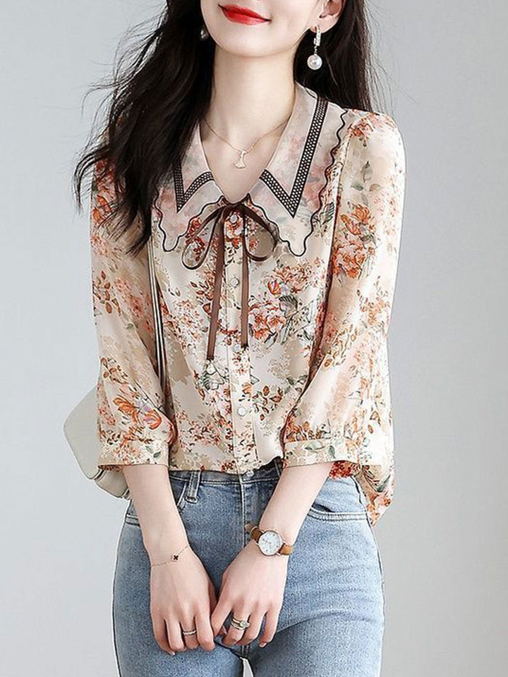 Rachel Classic Printed Floral Chiffon Shirt-Green