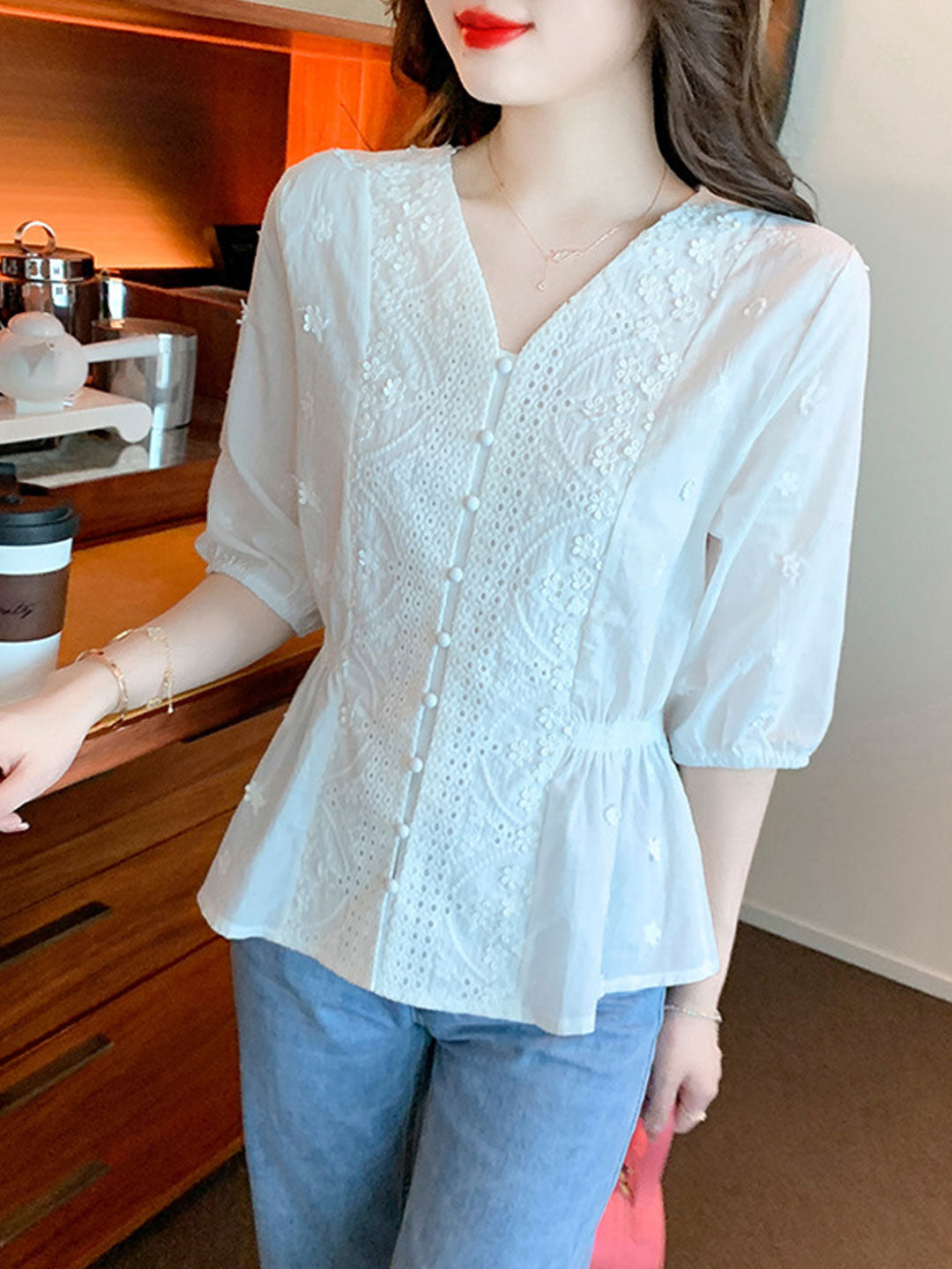 Mariah Retro V-Neck Embroidered Chiffon Top