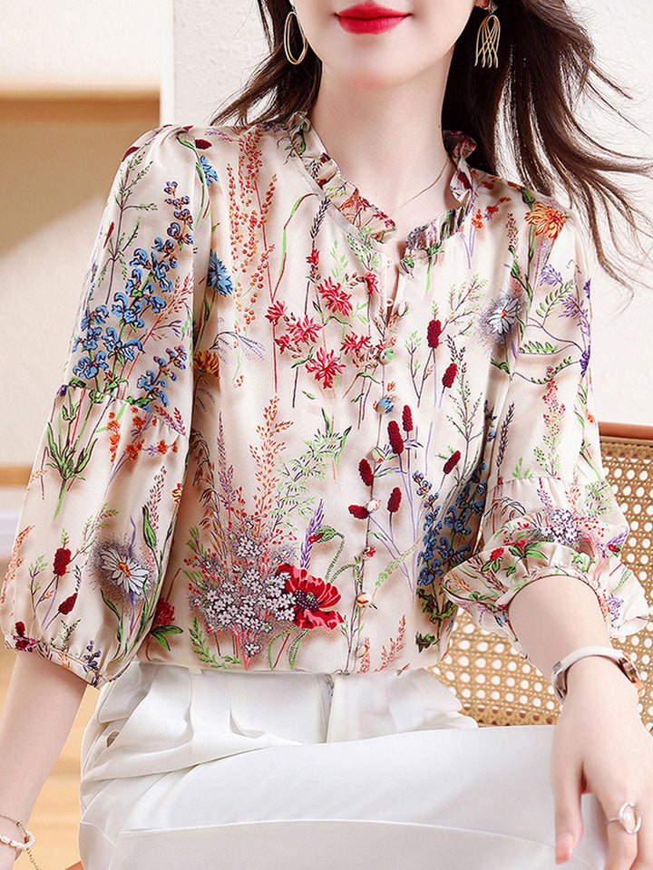 Sophia Retro Ruffle Collar Lantern Sleeve Floral Printed Top