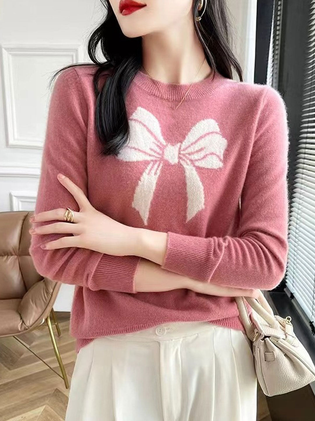 Charlotte Loose Crew Neck Bow Jacquard Knitted Top