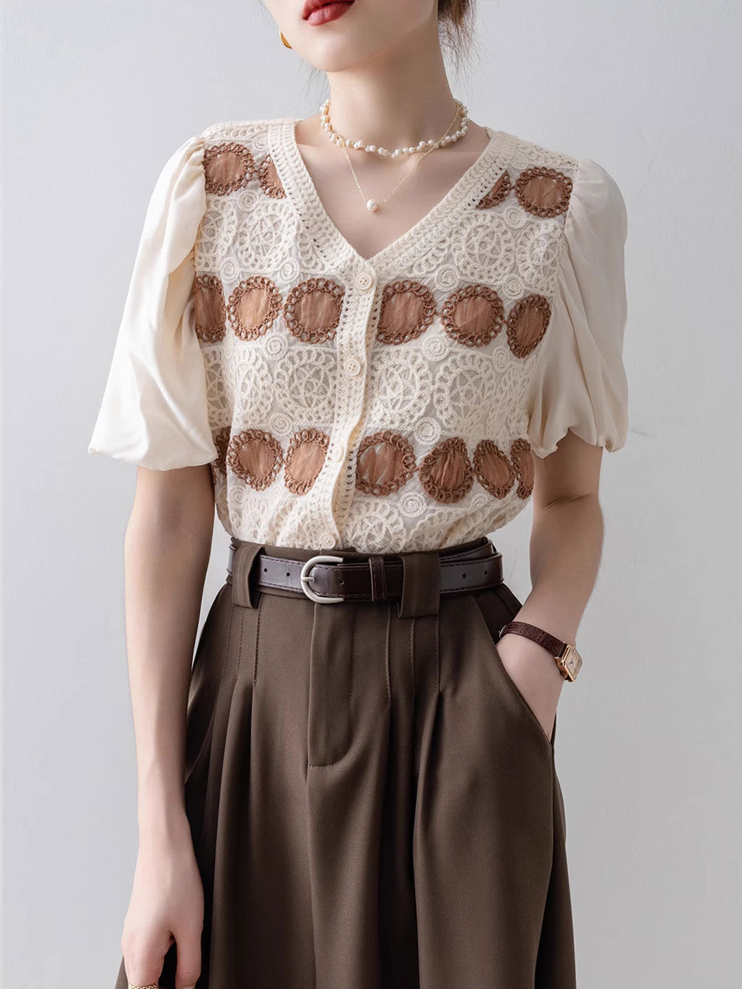 Avery Retro V-Neck Puff Sleeve Hollowed Top