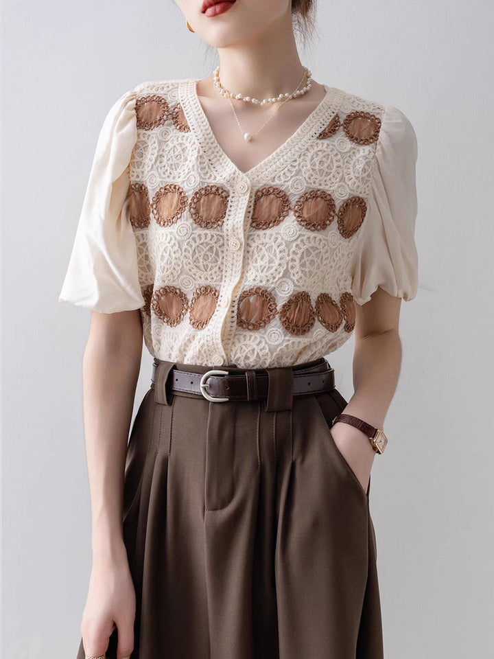 Avery Retro V-Neck Puff Sleeve Hollowed Top