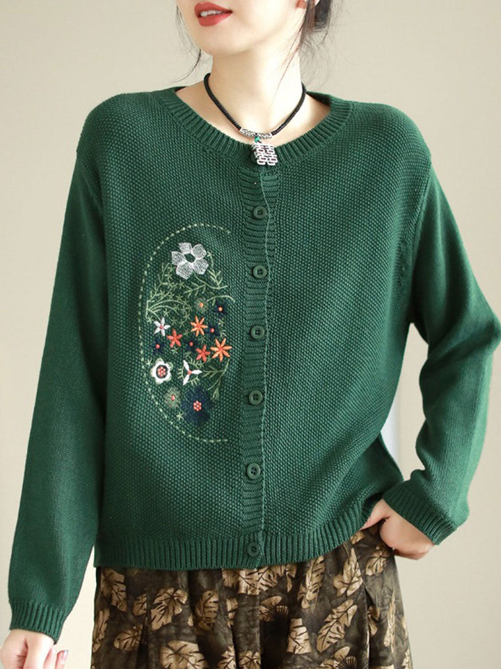 Brianna Retro Crew Neck Embroidered Knitted Cardigan