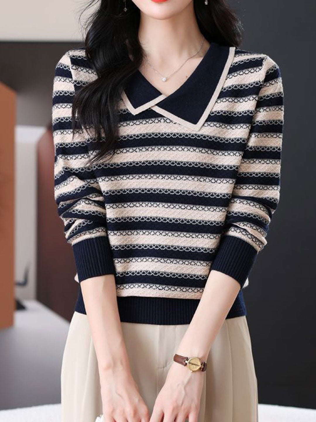 Sofia Loose Lapel Striped Knitted Sweater