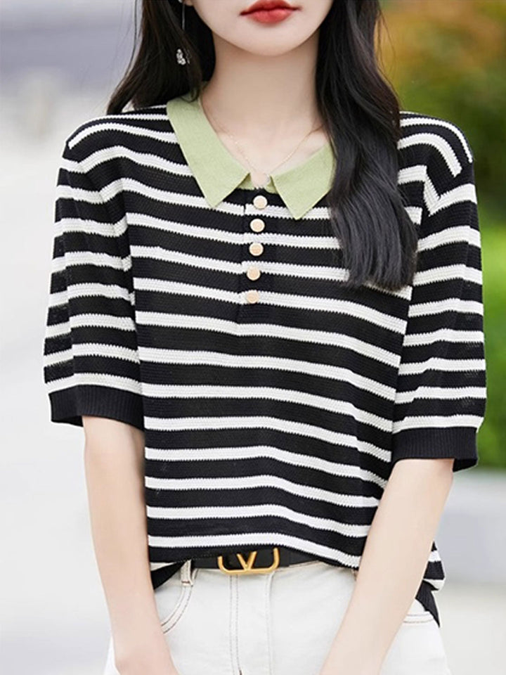 Mia Casual Polo Collar Striped Knitted Top