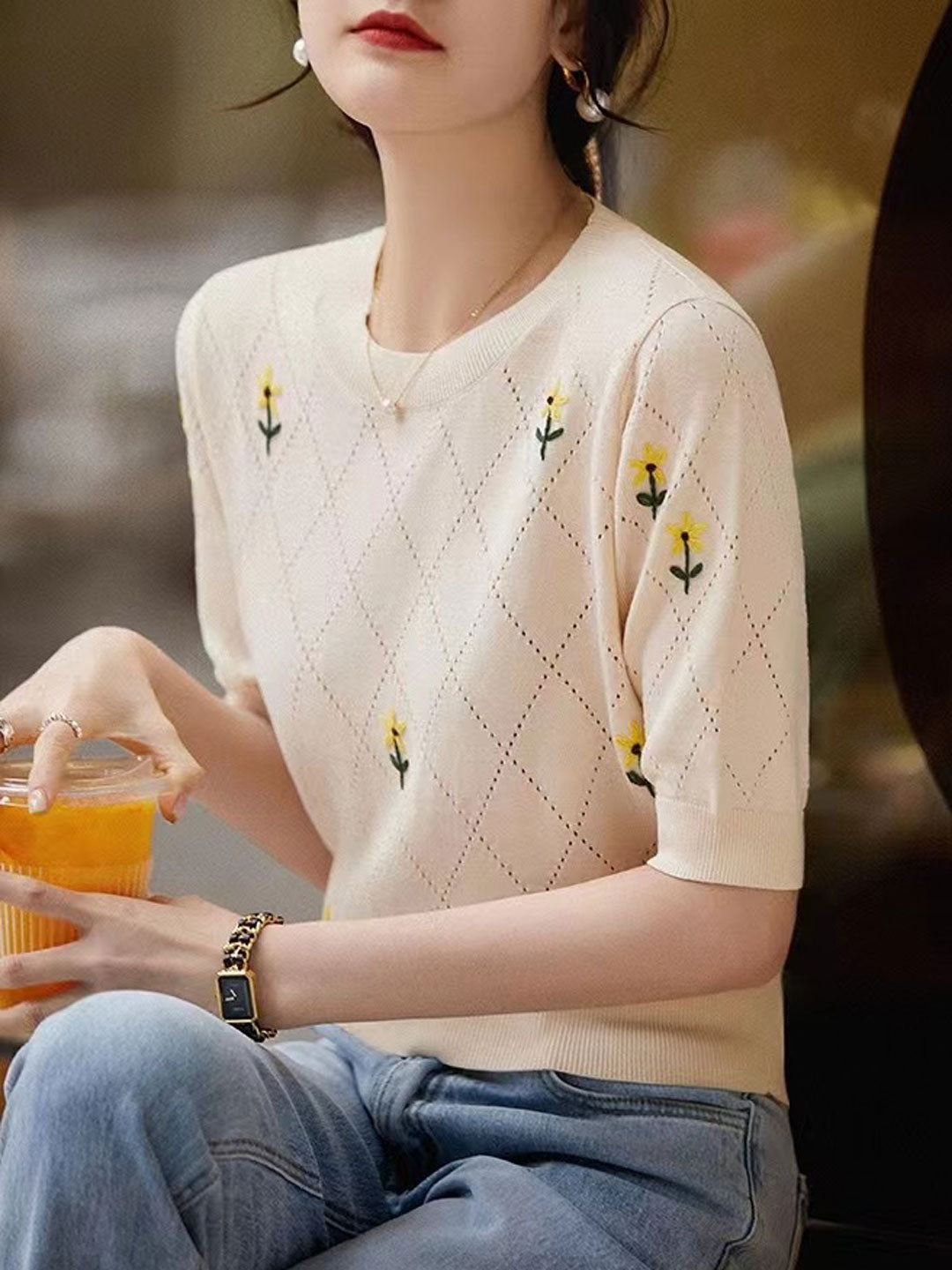 Maria Crew Neck Embroidered Hollowed Knitted Top