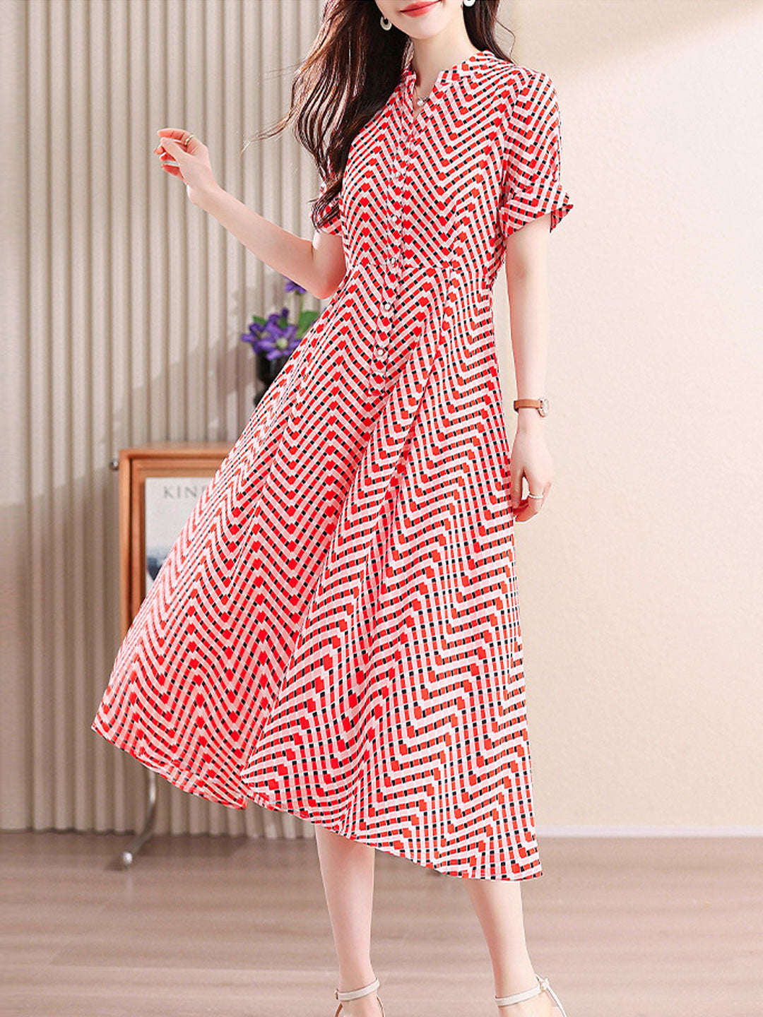 Caroline Casual V-neck Plaid Printed Chiffon Dress