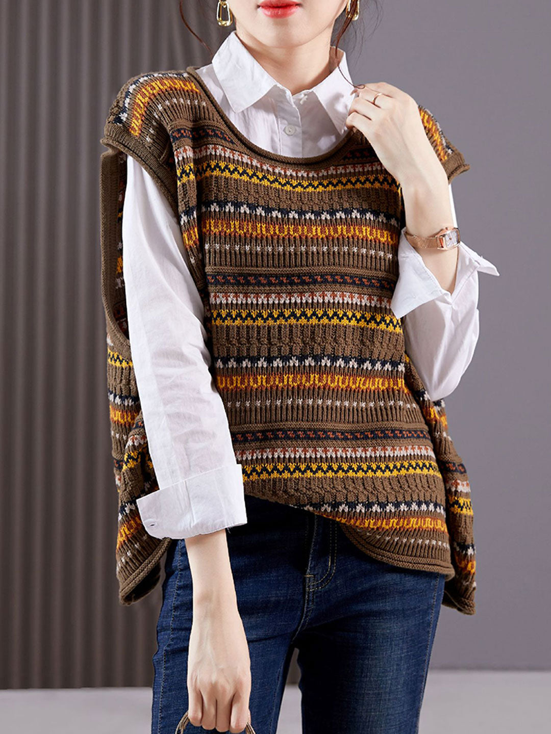 Ashley Casual Crew Neck Striped Hollowed Knitted Vest