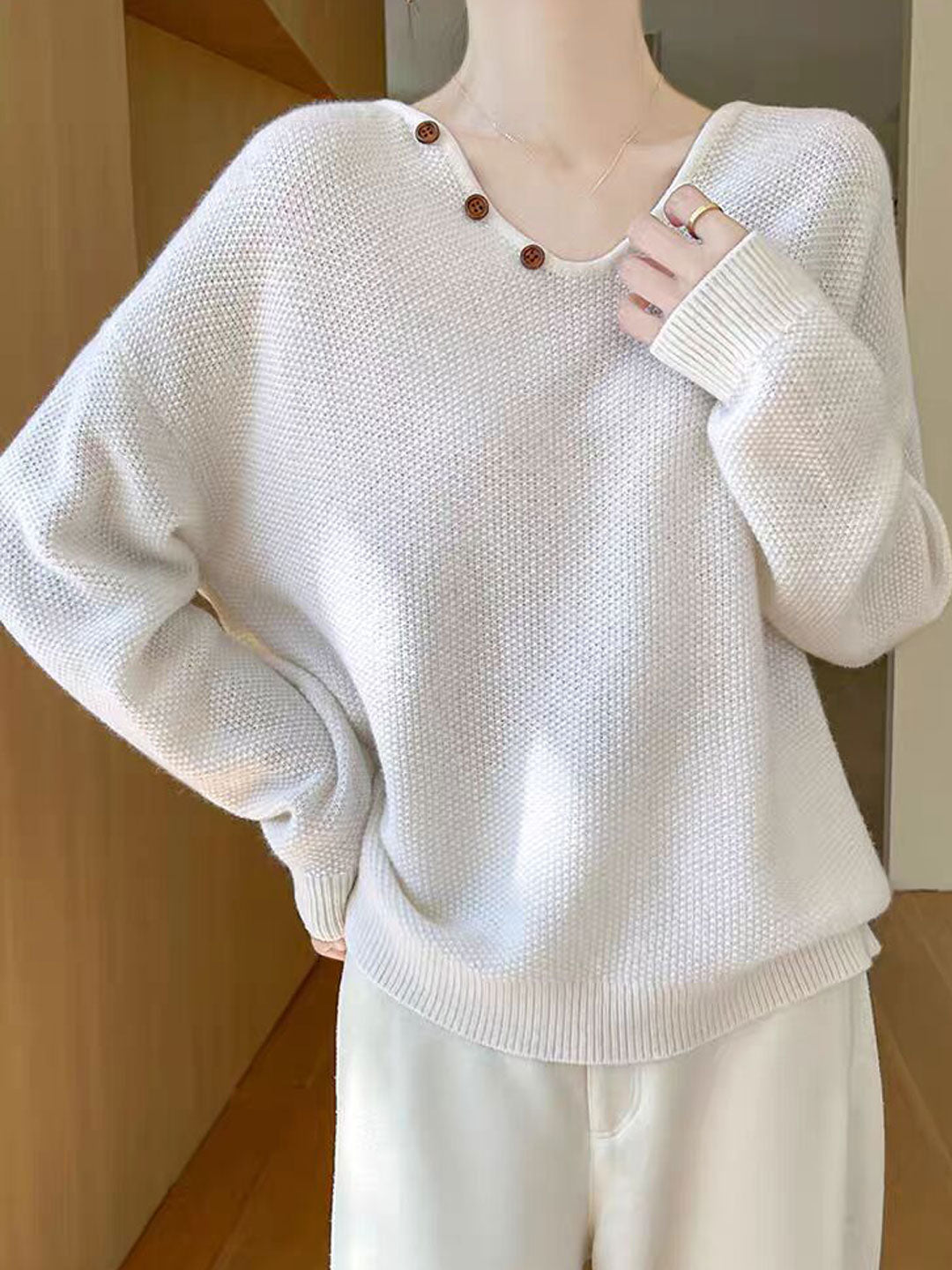 Ashley Loose V-neck Lantern Sleeve Button Knitted Sweater